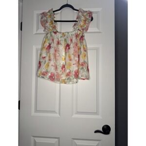 & Merci Ruffle Sleeve Smocked Floral Tank Top Large Multicolor Nwt